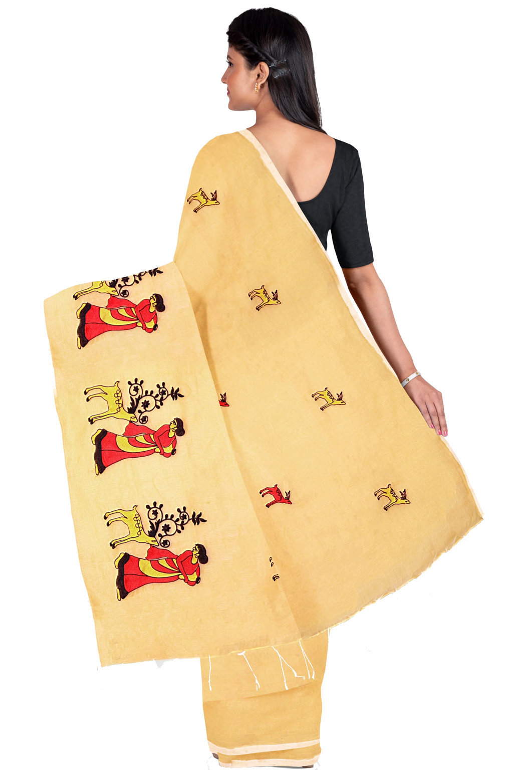 Cream Pure Cotton Urbasi Hand Hand Loom Saree (1118)